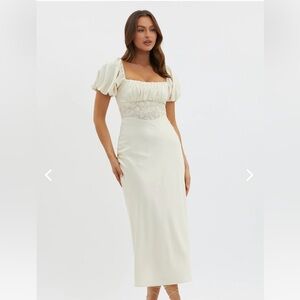 Allianna Puff Sleeve Lace Waist Midi Dress Butter